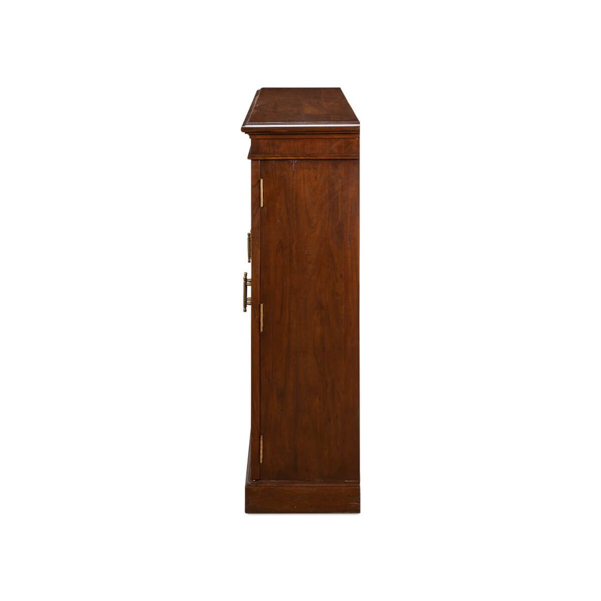 Side profile of rustic walnut bookcase.
