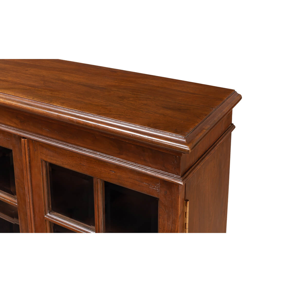 Top edge design of rustic walnut bookcase.