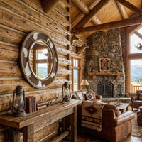 Rustic mirror in a cozy cabin living room.