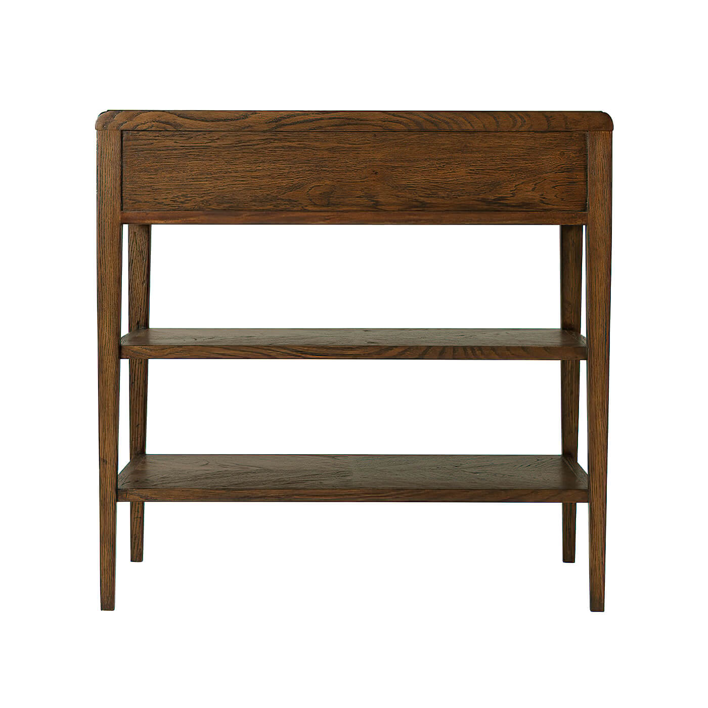 Back view of rustic dark oak nightstand.