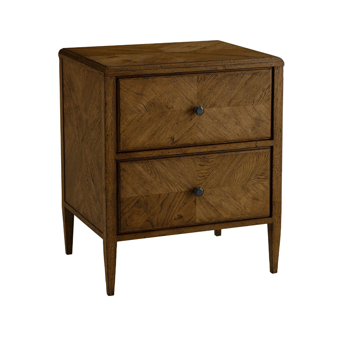 Rustic oak nightstand angled view, emphasizing drawer design.