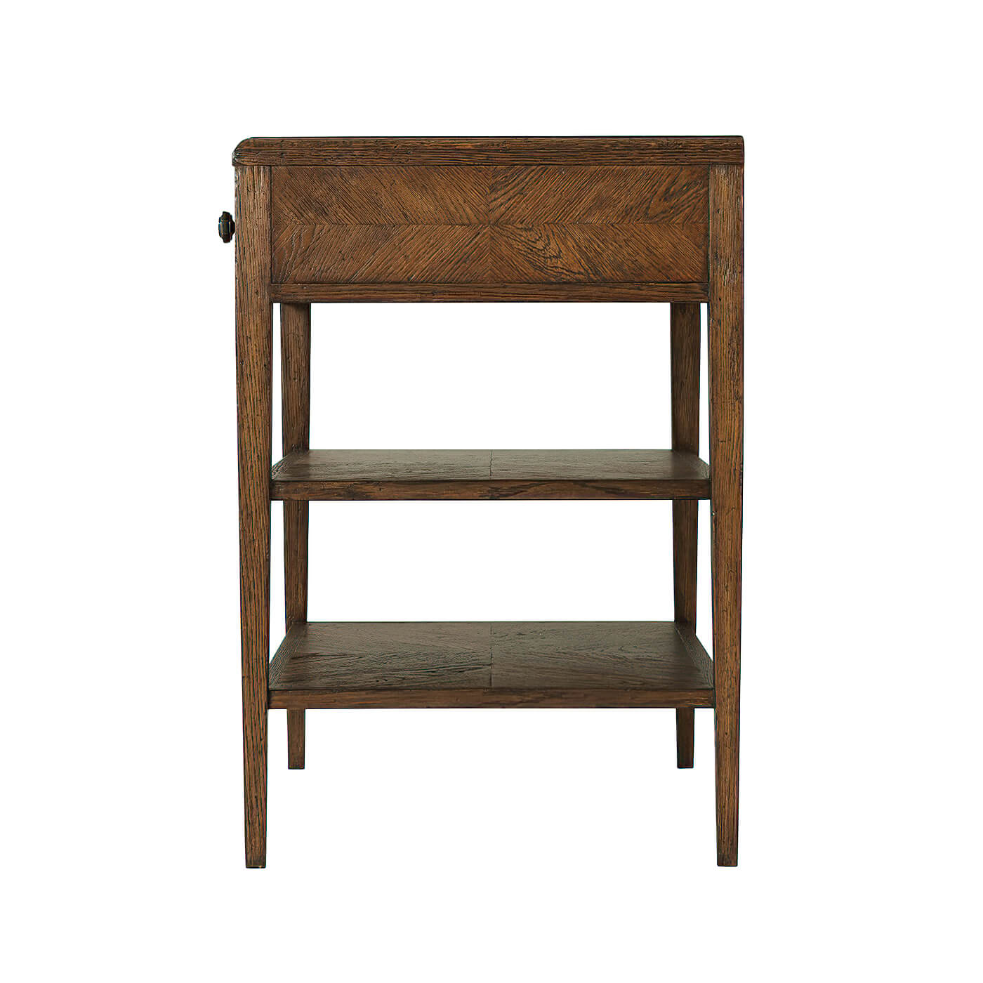 Side view of rustic dark oak nightstand.
