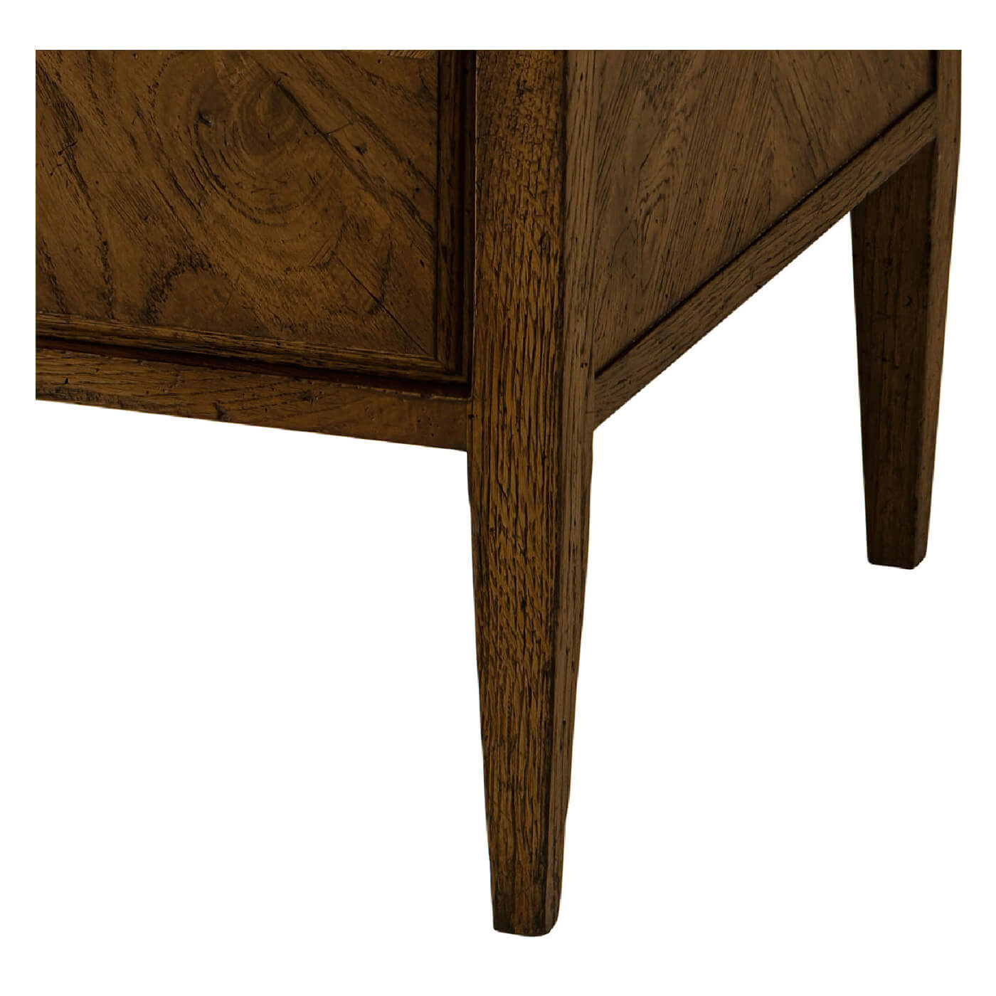 Nightstand leg detail, showcasing rustic dark oak finish.