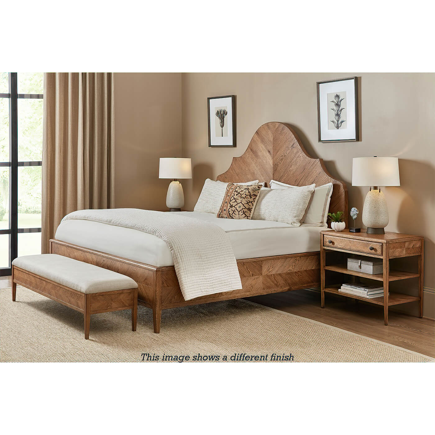 Nightstand in bedroom setting with different finish.