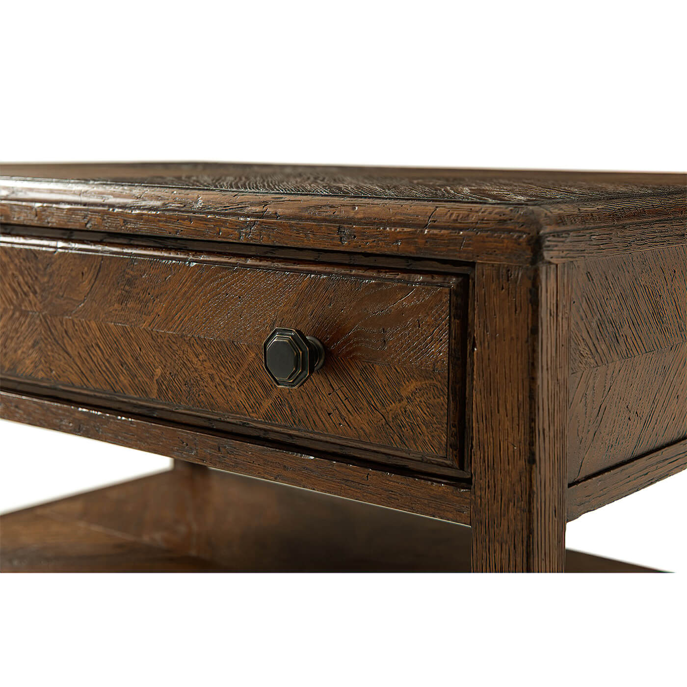 Close-up of drawer knob on rustic nightstand.