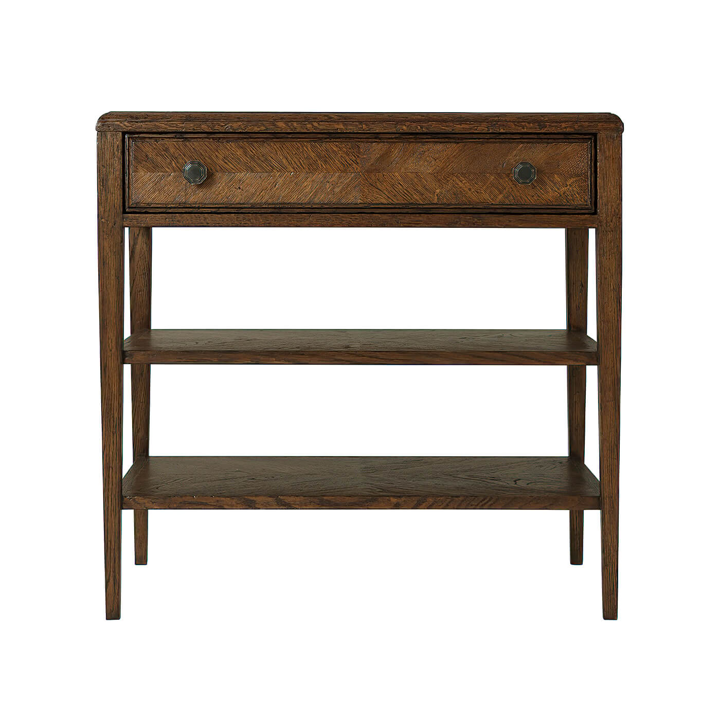 Front view of rustic dark oak nightstand.