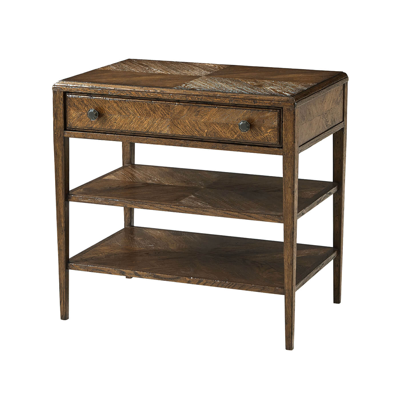 Rustic dark oak nightstand with drawer and shelves.