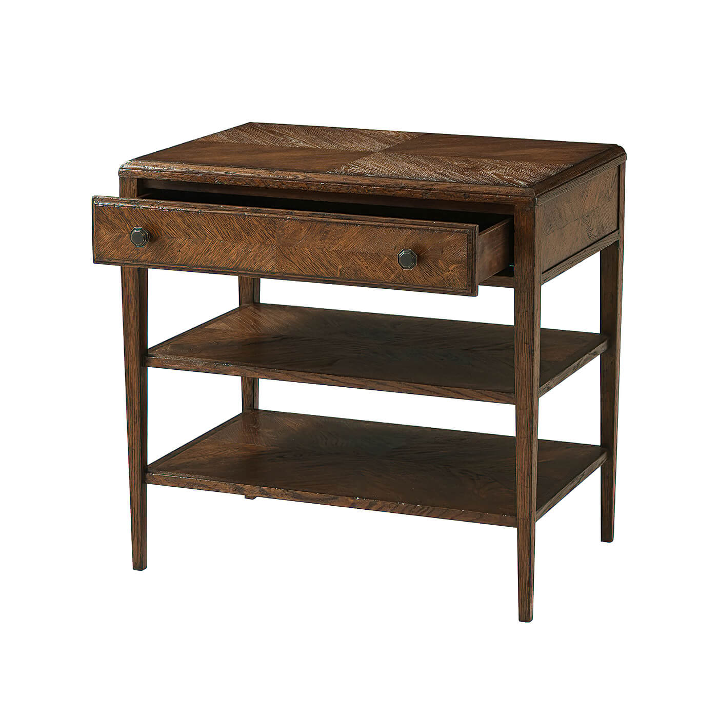 Open drawer of rustic dark oak nightstand.