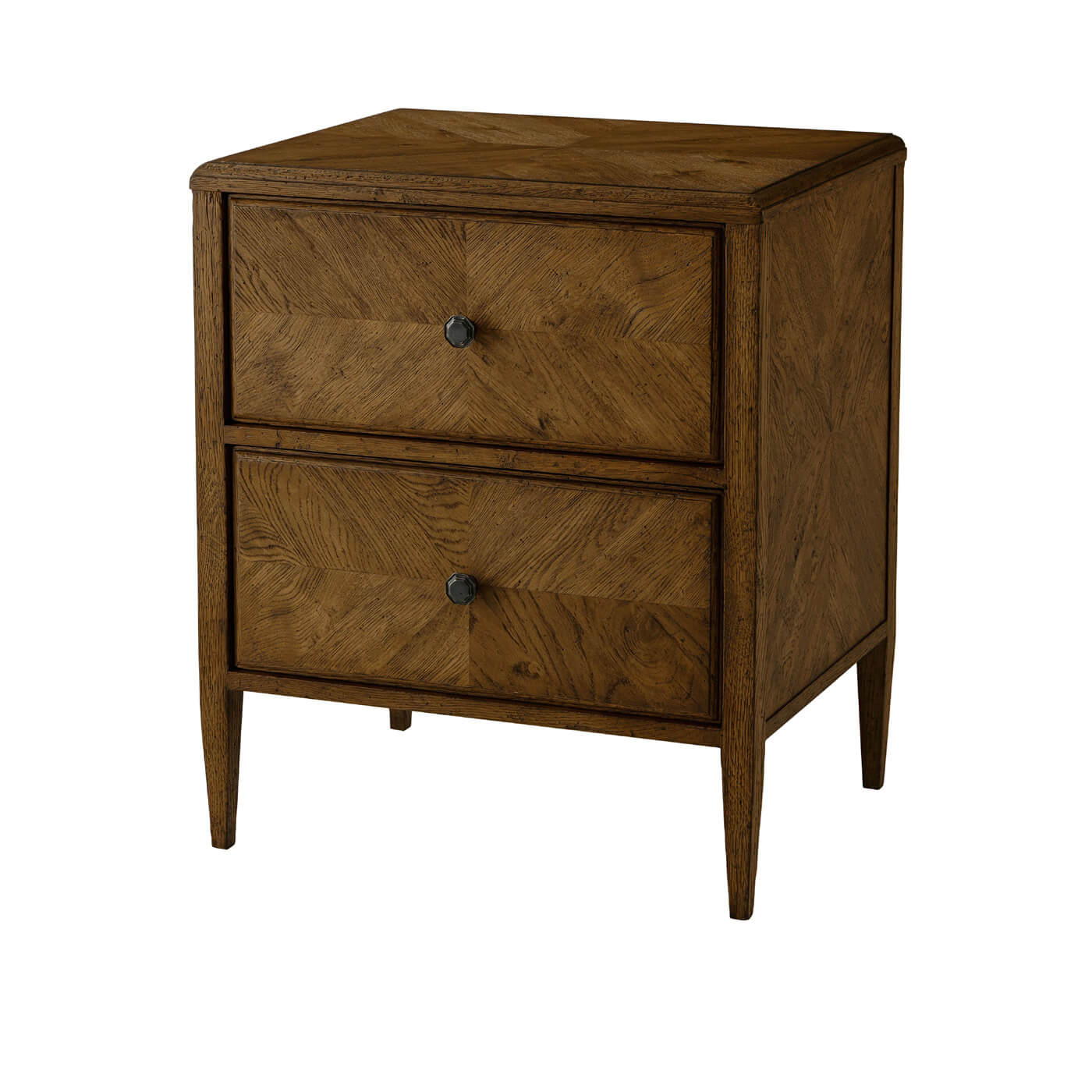 Rustic dark oak nightstand front view, two drawers.