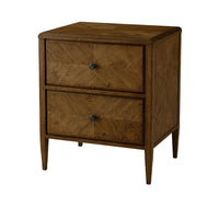 Rustic dark oak nightstand front view, two drawers.