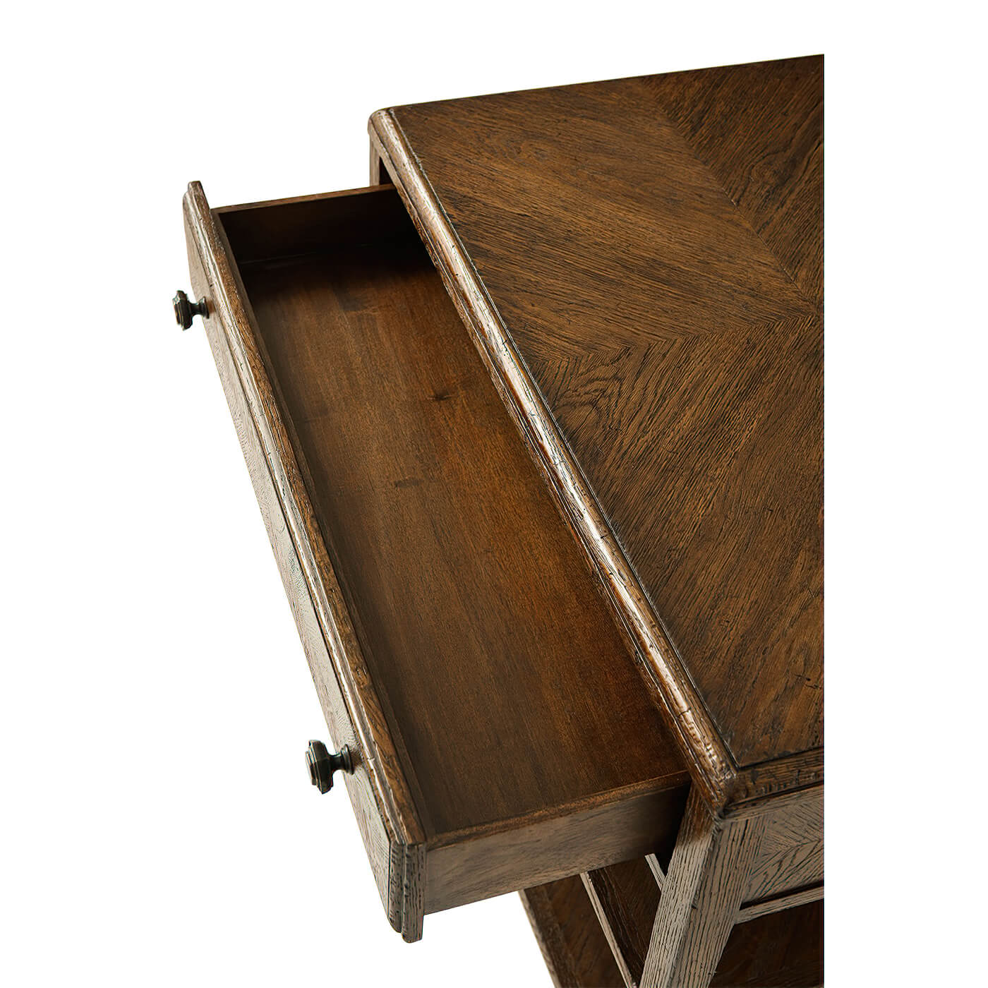 Drawer detail of rustic dark oak nightstand.