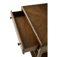 Drawer detail of rustic dark oak nightstand.