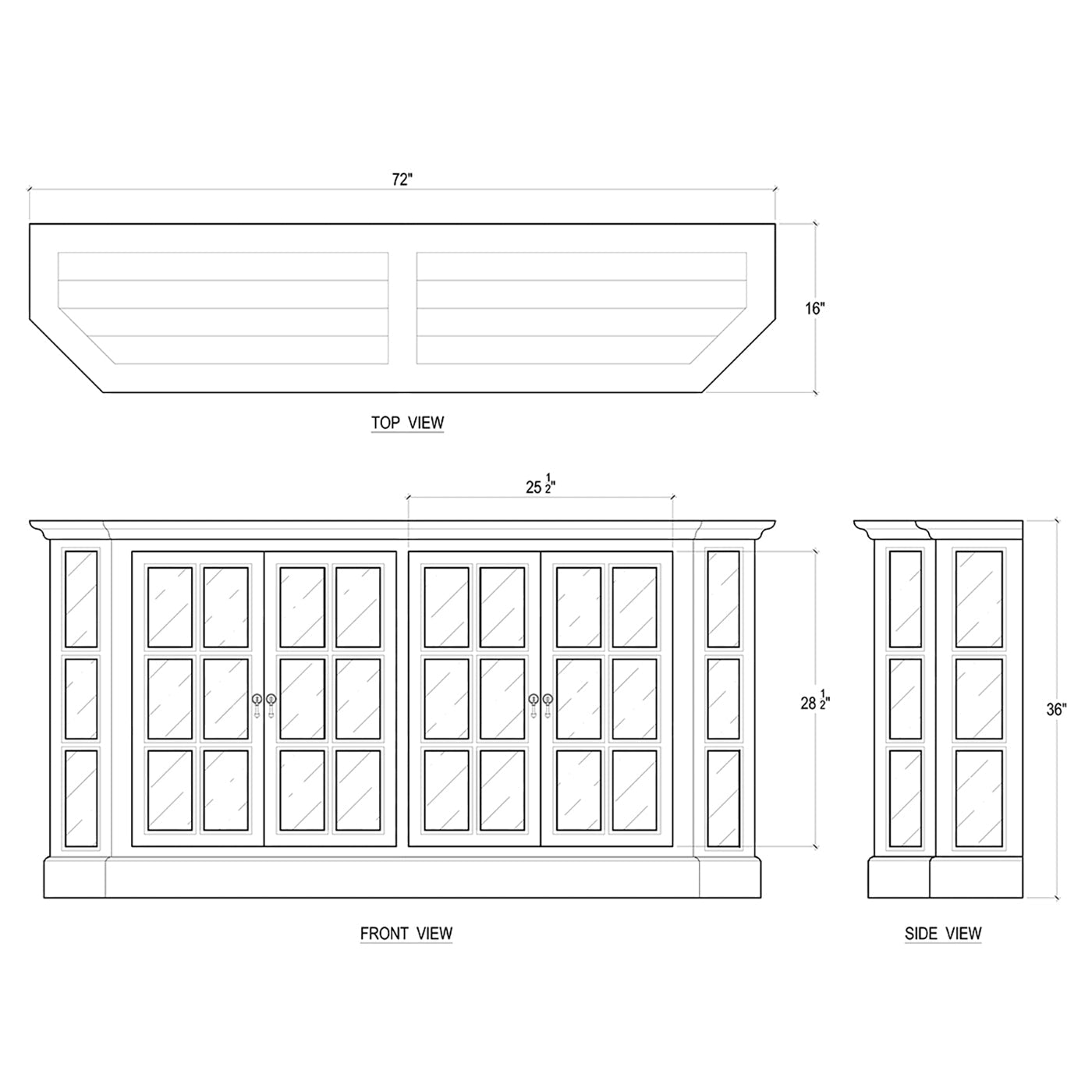 Rustic display cabinet dimensions, technical drawing illustration.