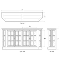 Rustic display cabinet dimensions, technical drawing illustration.