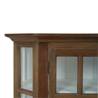 Rustic display cabinet corner detailing, close-up shot.