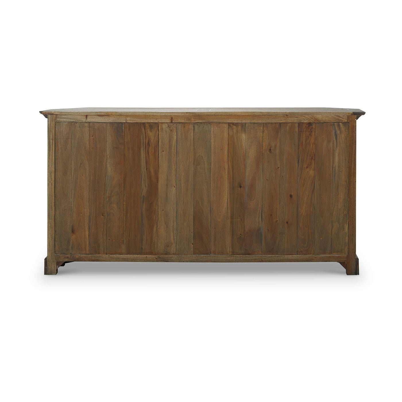 Rustic display cabinet back view, wood paneling.