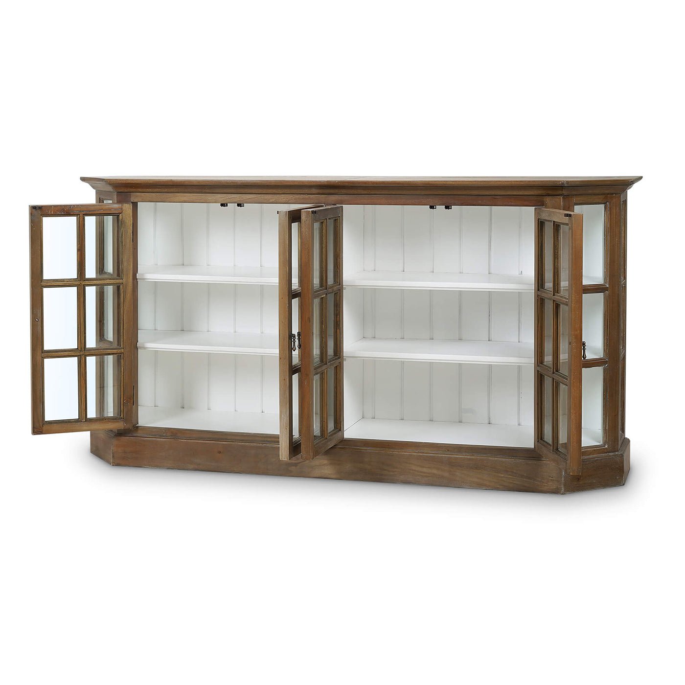 Rustic display cabinet front view, doors open.