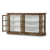 Rustic display cabinet front view, doors open.