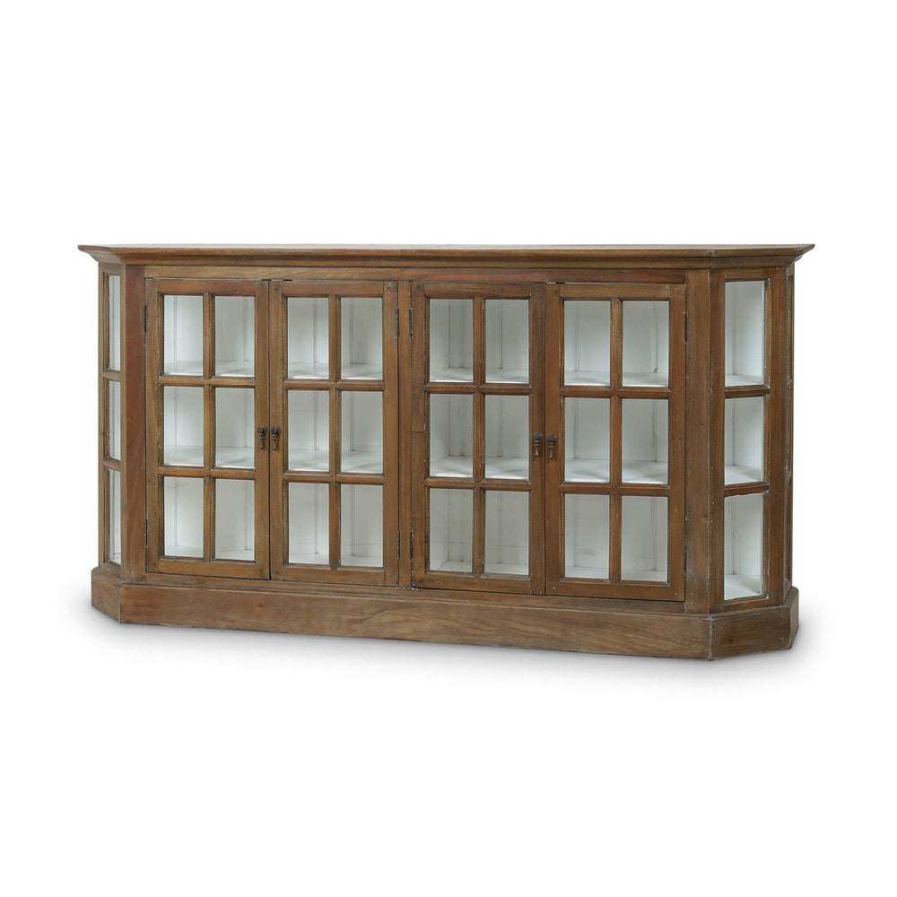 Rustic display cabinet front corner view, doors closed.