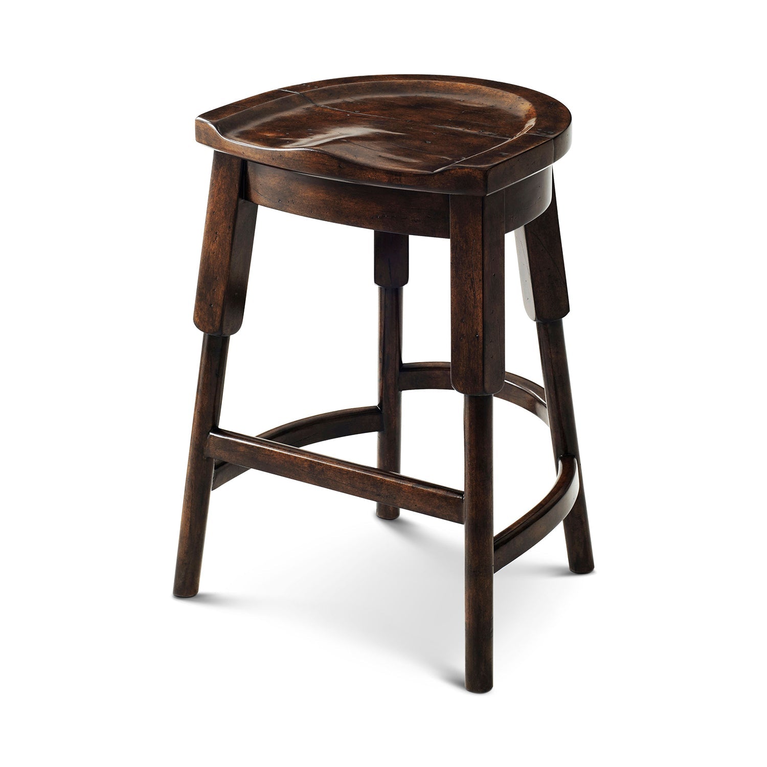 Rustic English Counter Stool, angled view, dark wood finish.