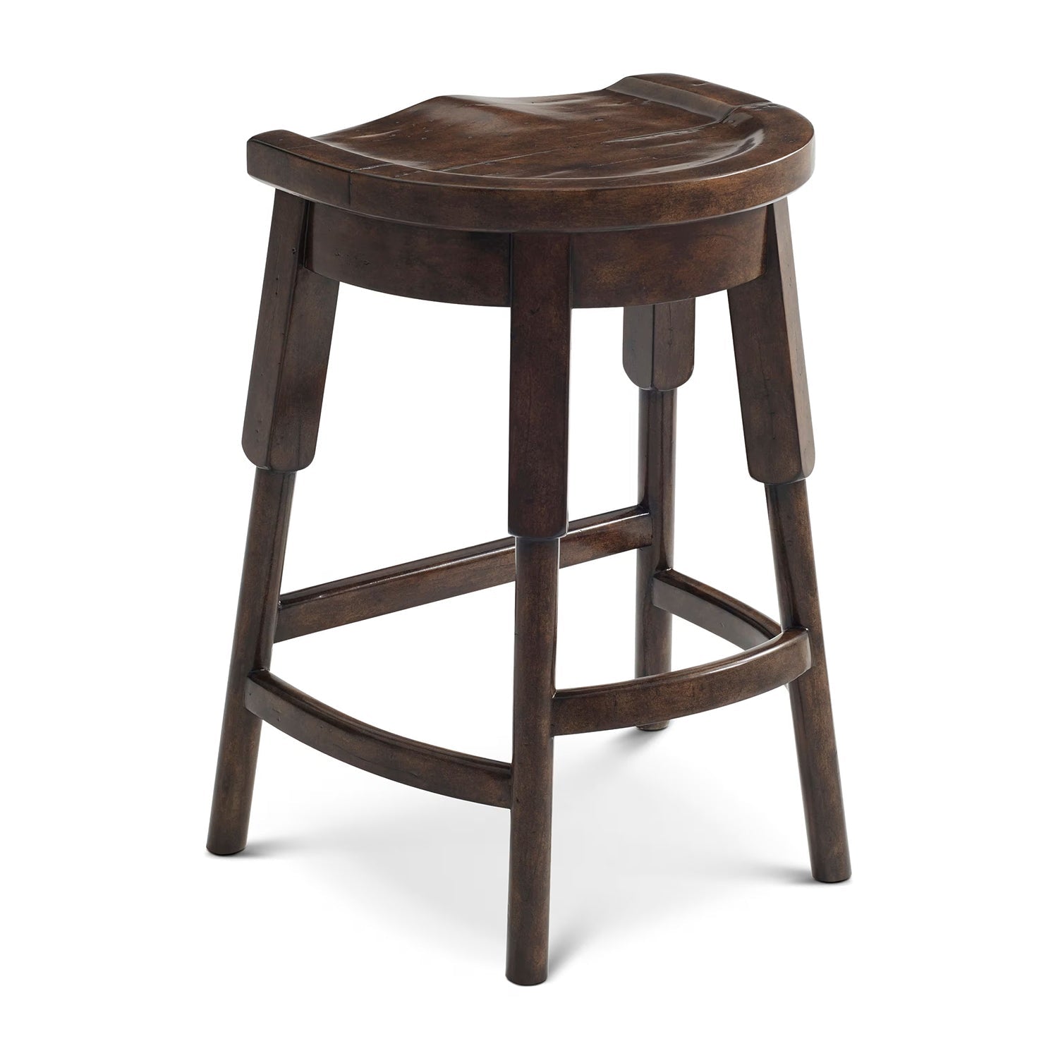 Rustic Counter Stool, side perspective, carved seat detail.