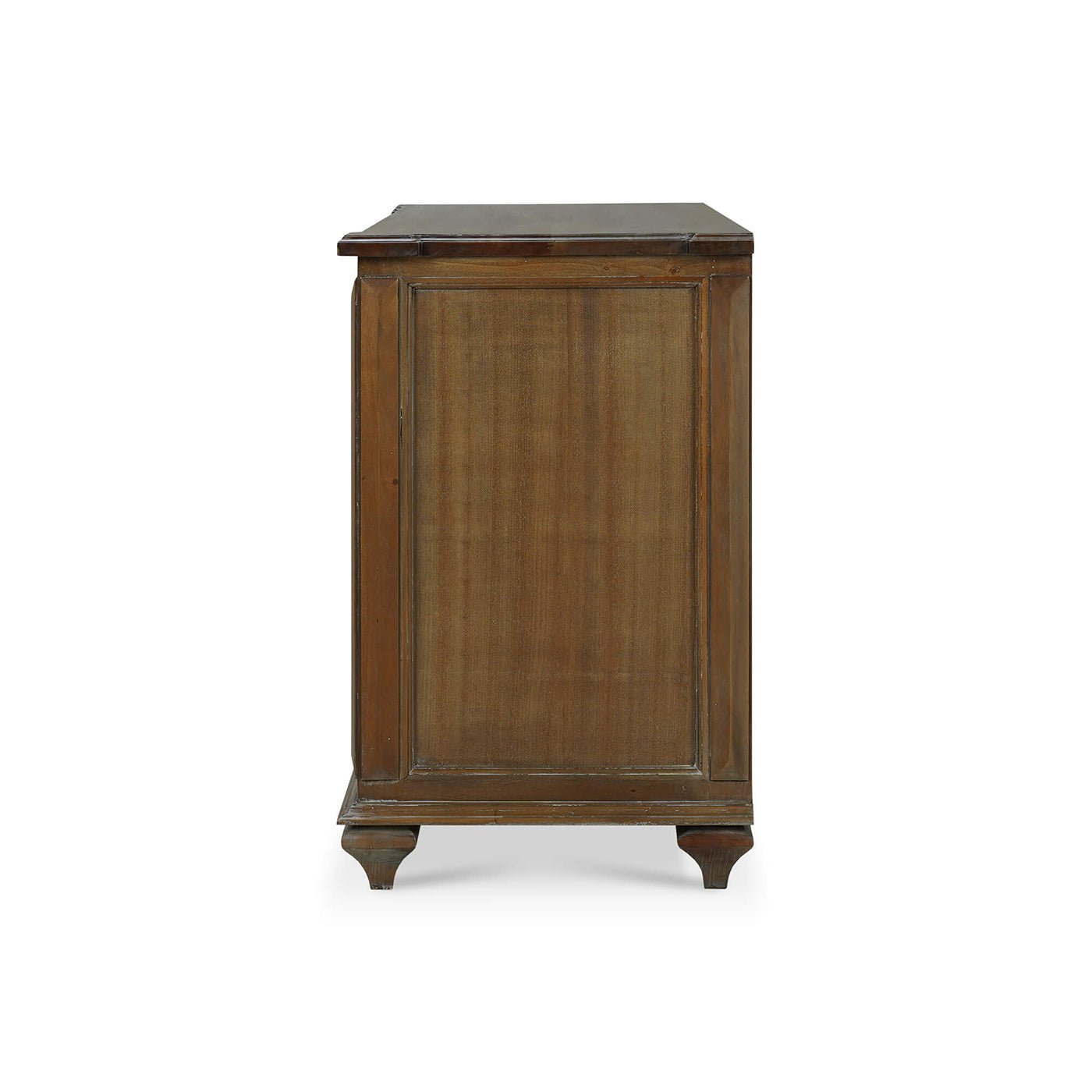 Side panel of rustic European chest of drawers.