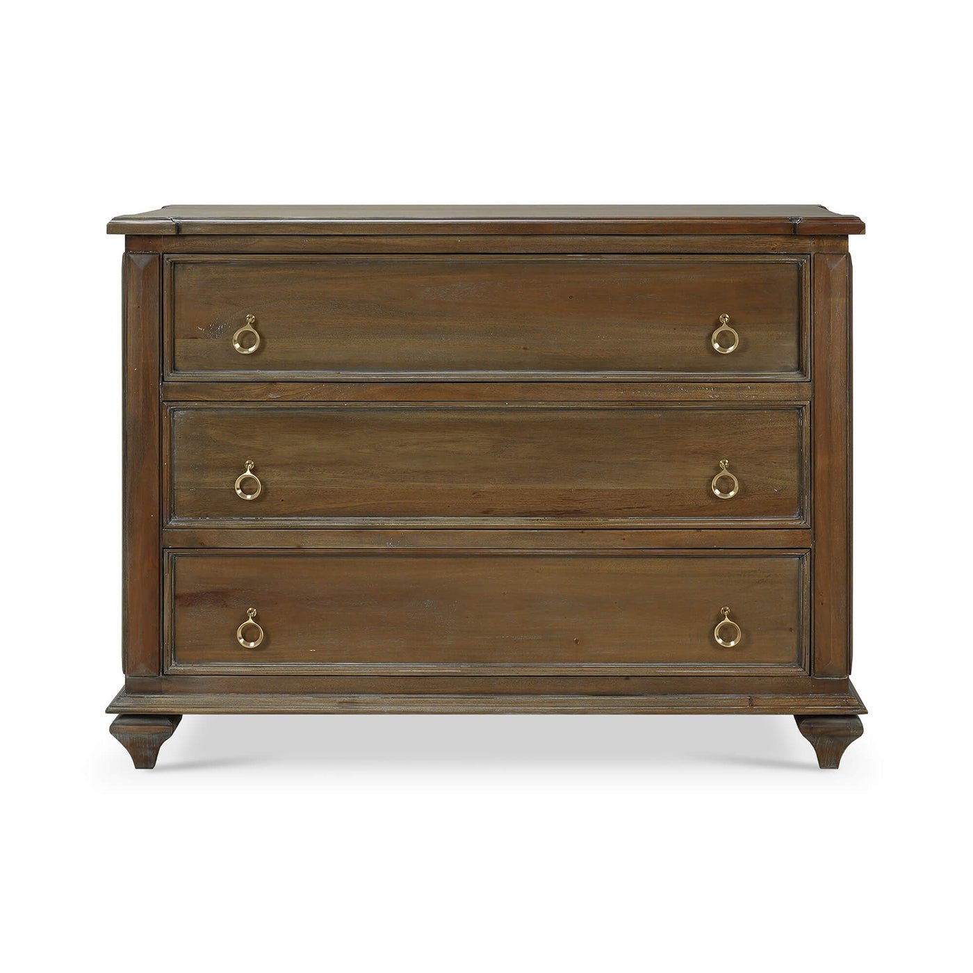 Front view of rustic chest of drawers, closed.