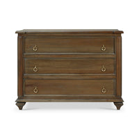 Front view of rustic chest of drawers, closed.