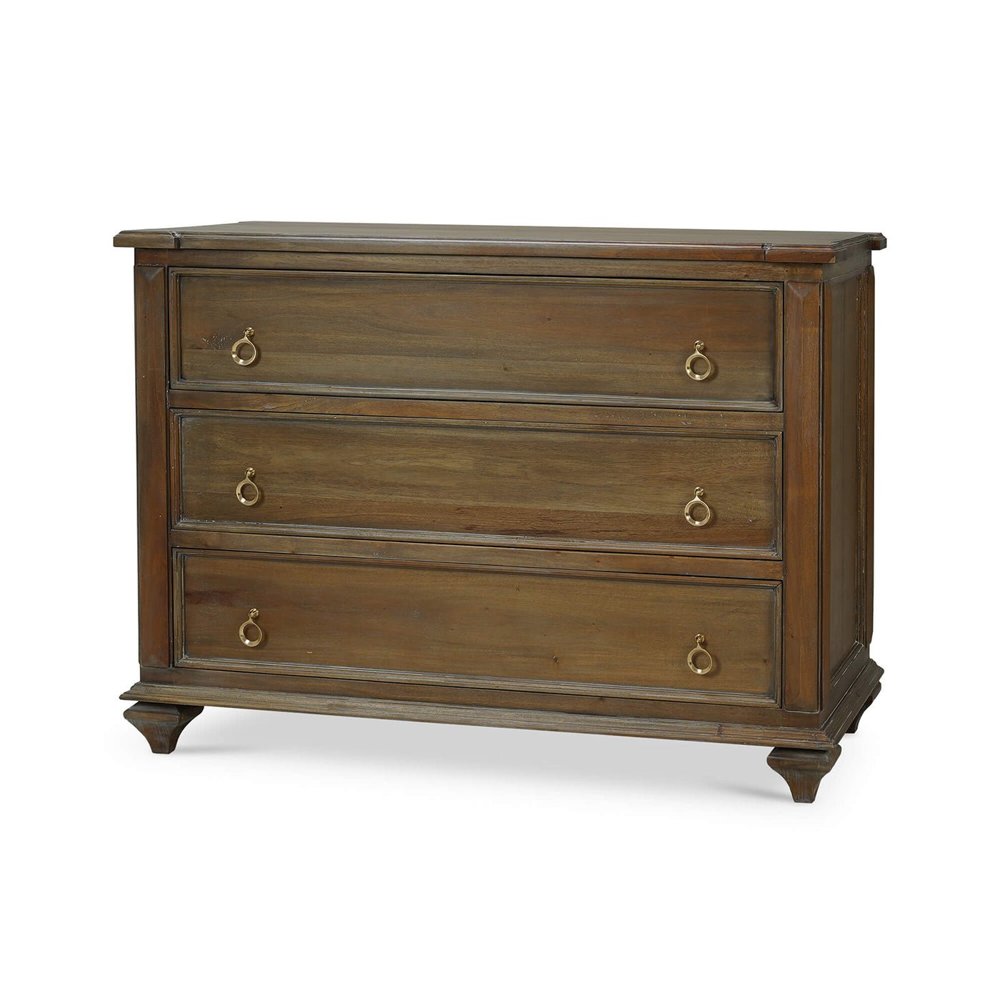 Rustic commode with three drawers, side angle view.