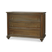 Rustic commode with three drawers, side angle view.