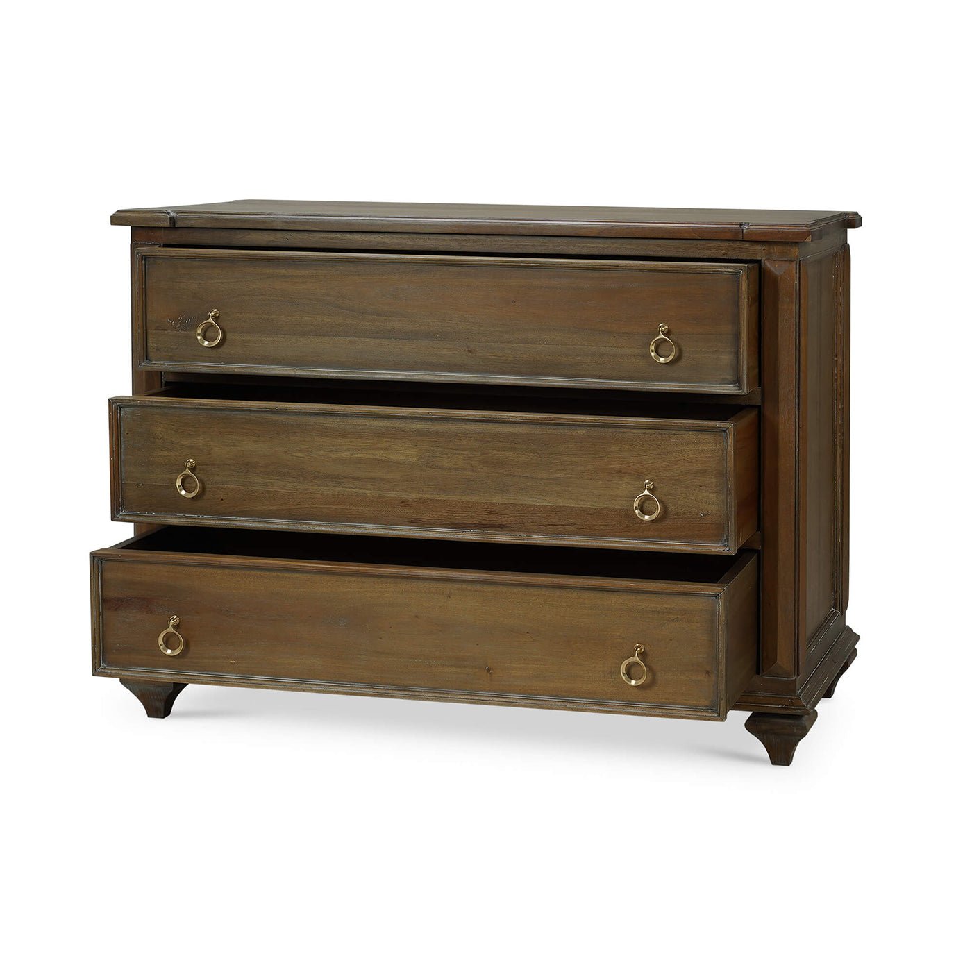 Rustic commode with partially open drawers, side view.