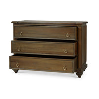 Rustic commode with partially open drawers, side view.