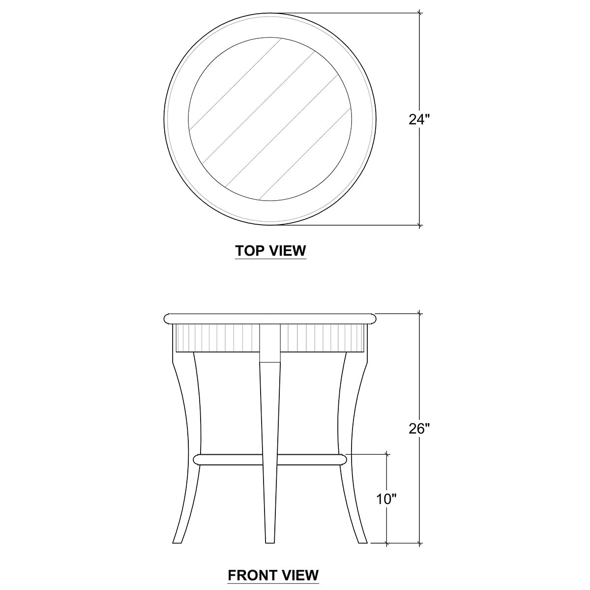 Rustic European round side table dimensions diagram.