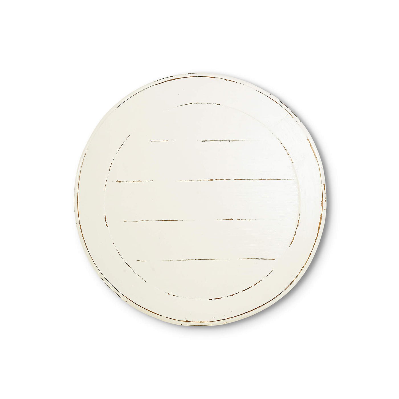 Rustic European round side table top view.