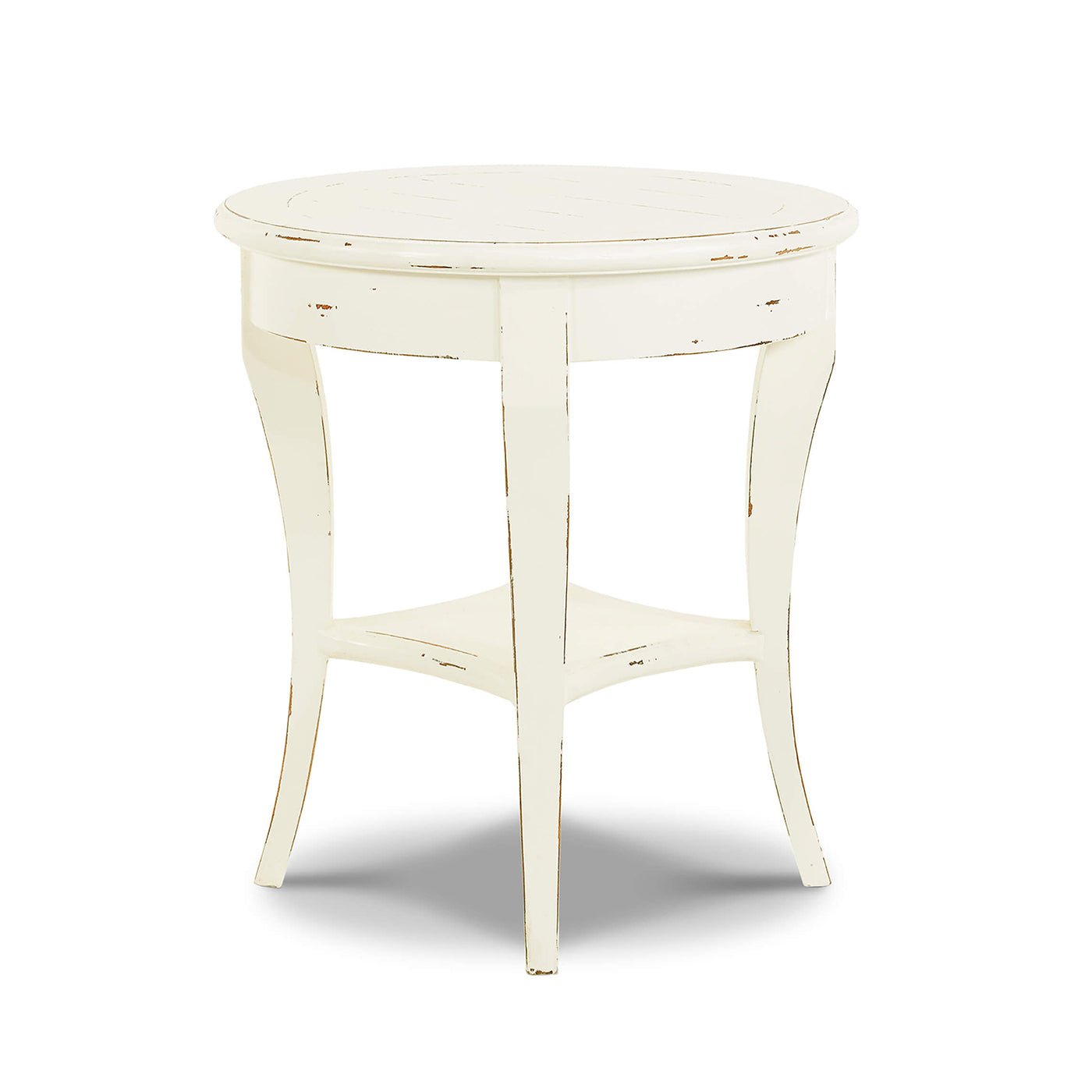 Rustic European round side table side view.