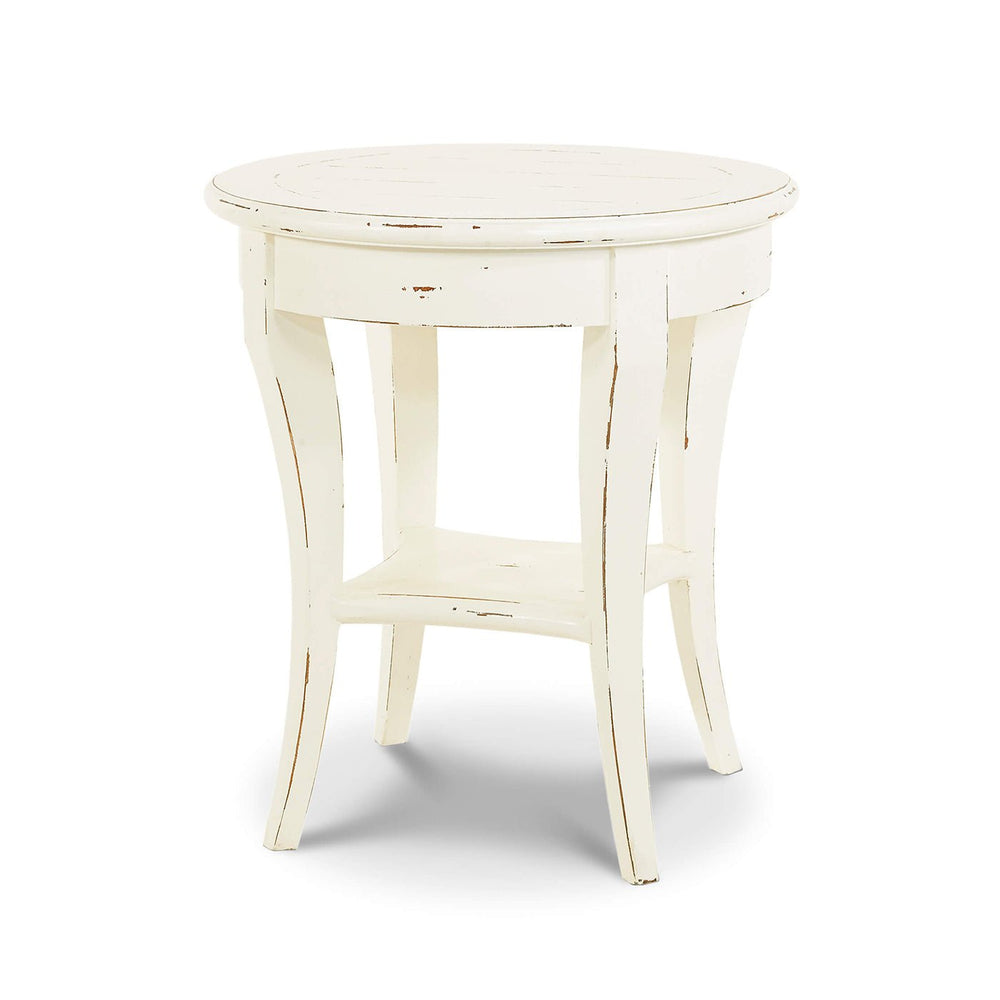 Rustic European round side table angled view.