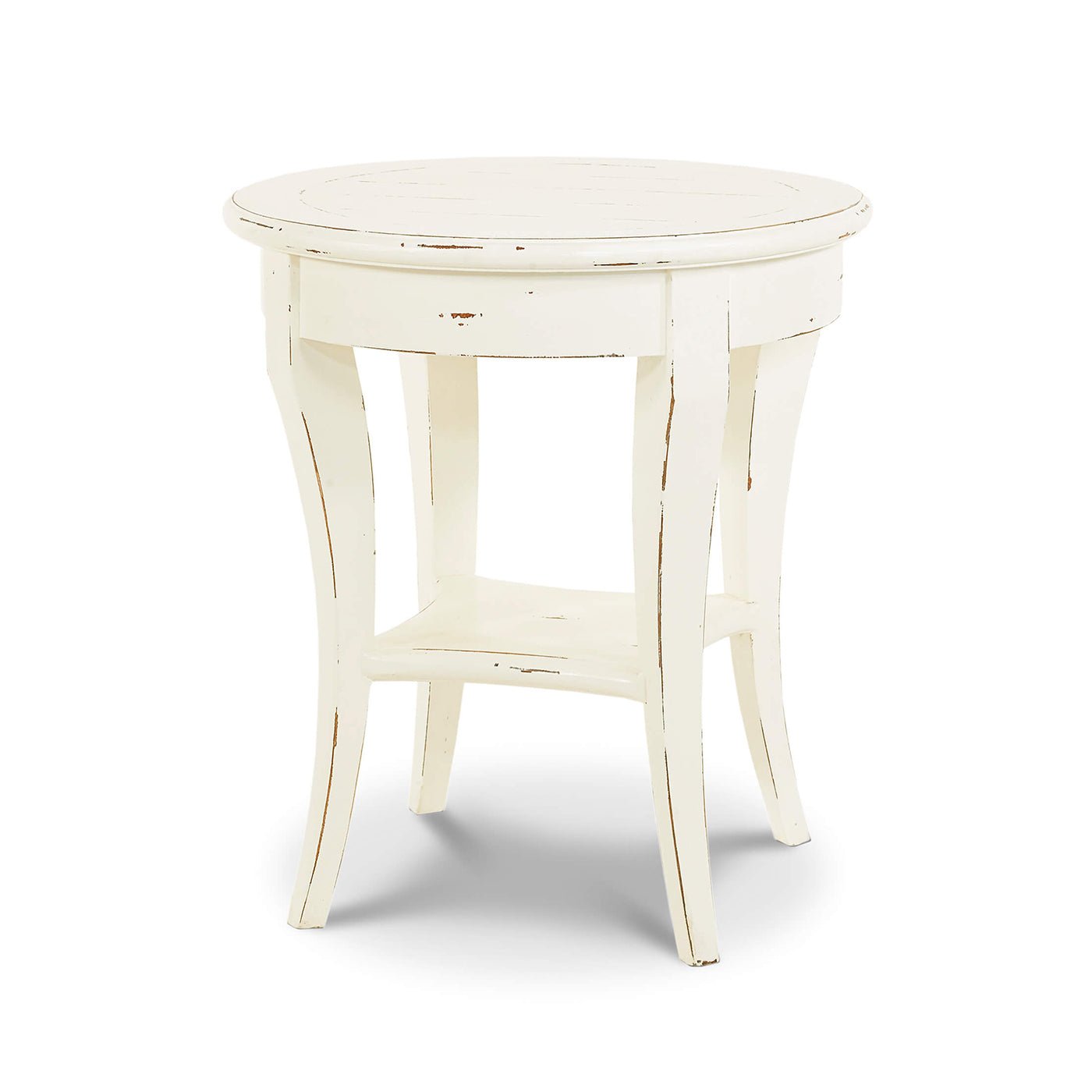 Rustic European round side table angled view.