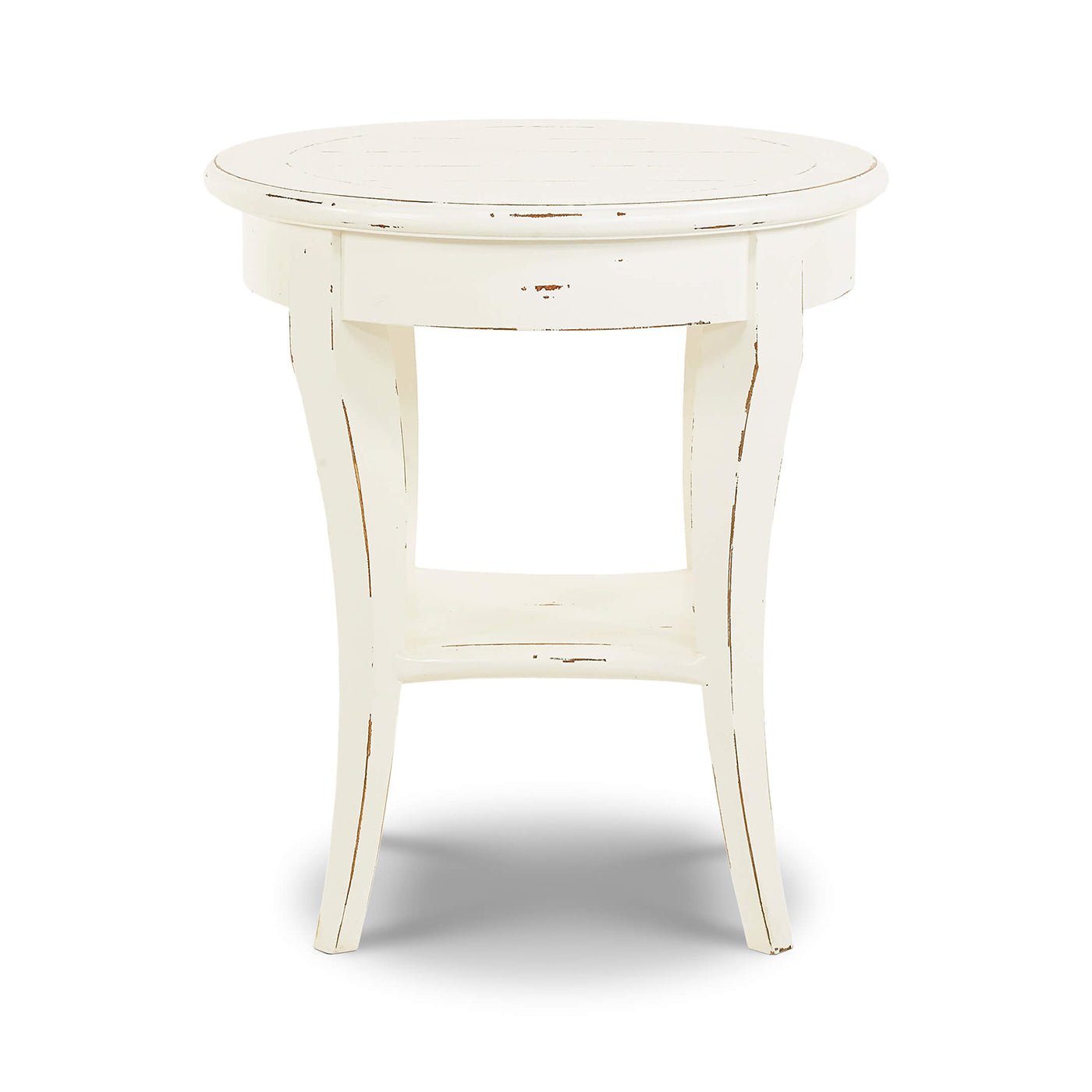 Rustic European round side table front view.