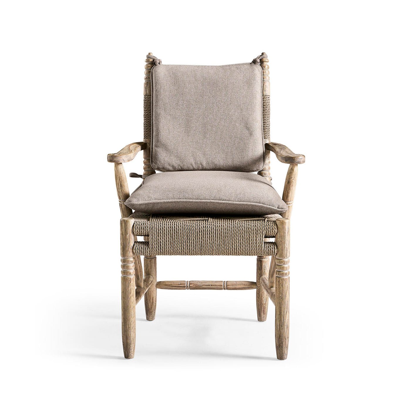 Rustic armchair, fully cushioned front shot.