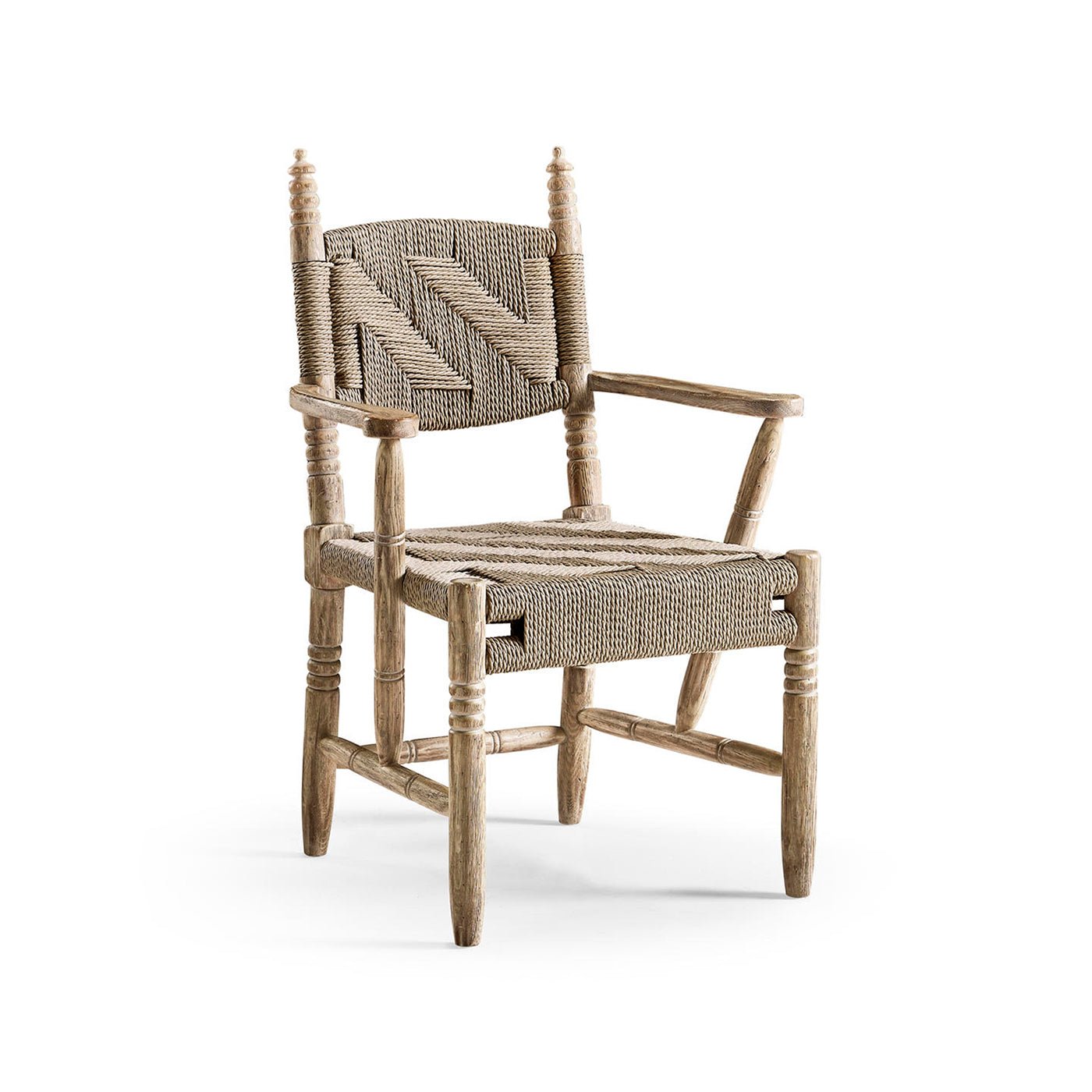 Rustic armchair, no cushions, front left view.
