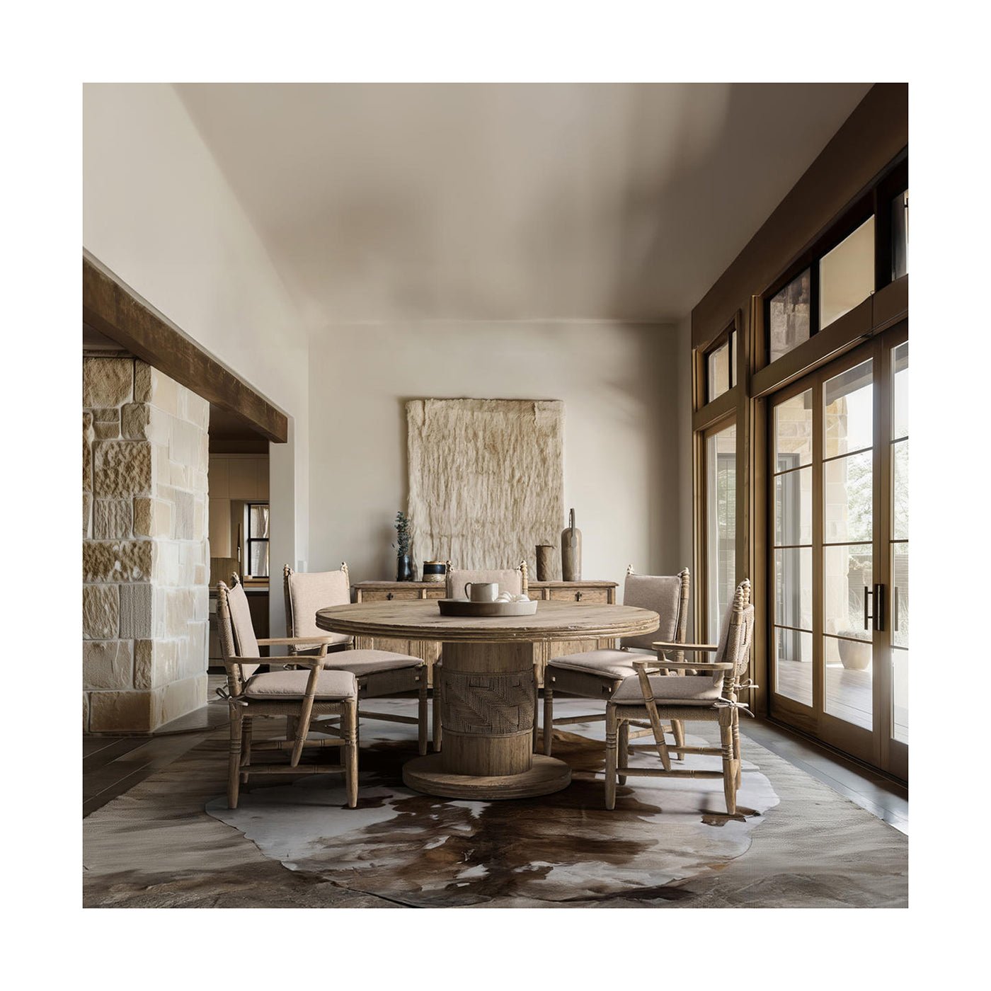 Rustic chairs in dining room setting.