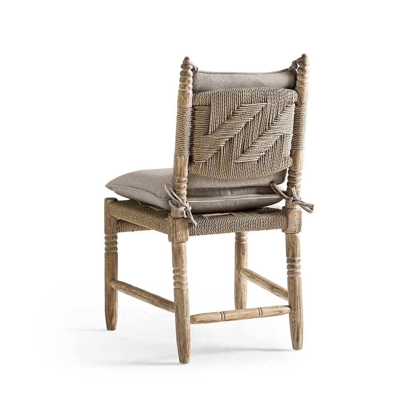 Rustic chair with cushion, rear view.