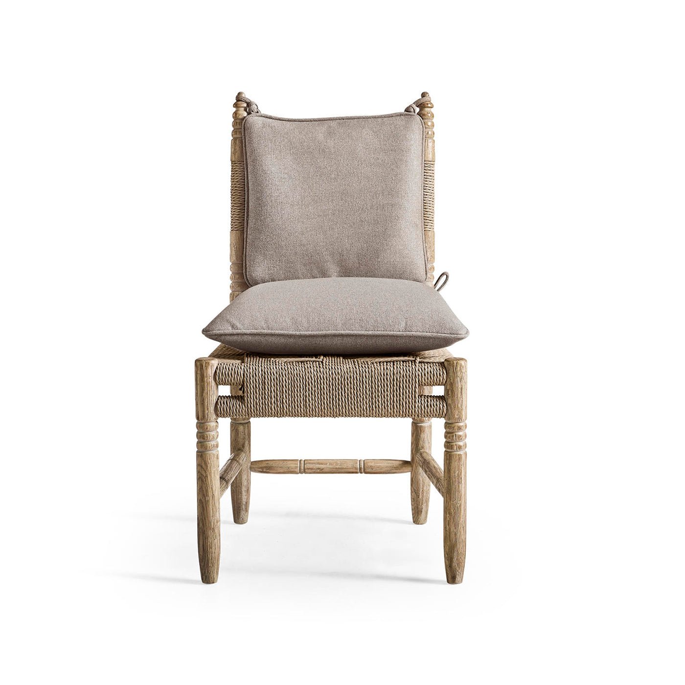 Rustic chair with cushion, front facing.
