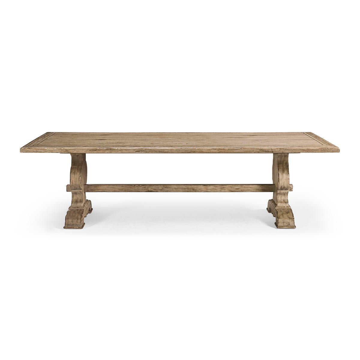 Front view of rustic European trestle dining table.