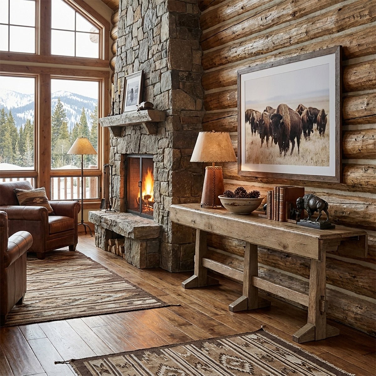 Rustic oak hunt table in cozy living room setting.