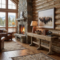 Rustic oak hunt table in cozy living room setting.