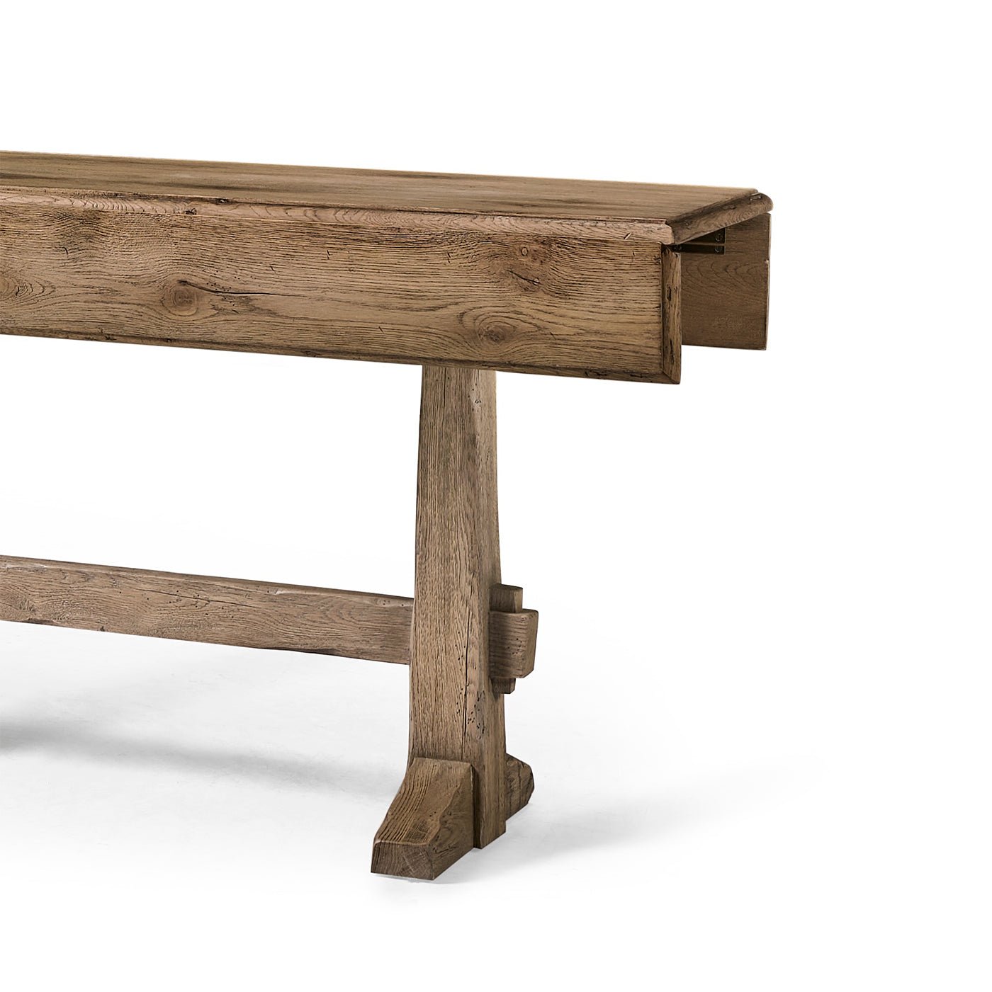 Rustic oak hunt table close-up, highlighting leg design.