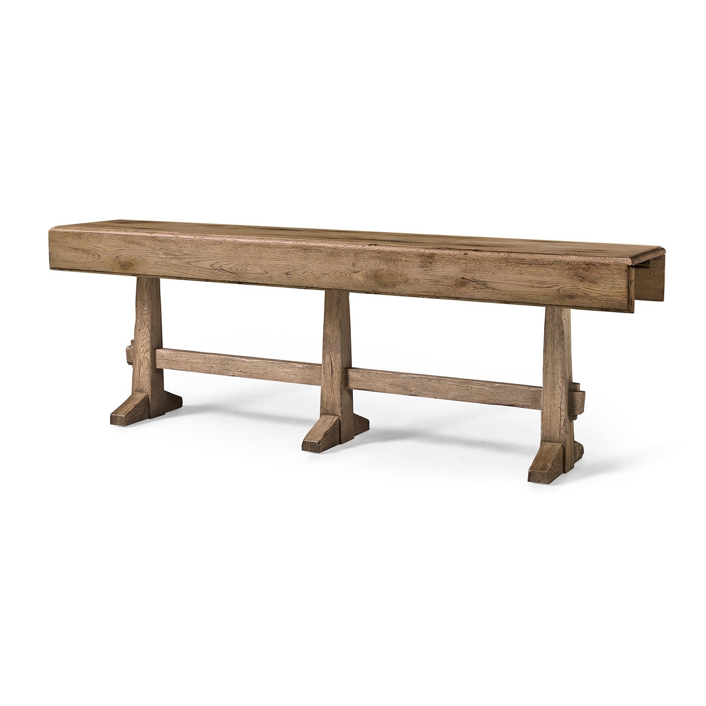 Rustic oak hunt table, front angle view, detail-focused.