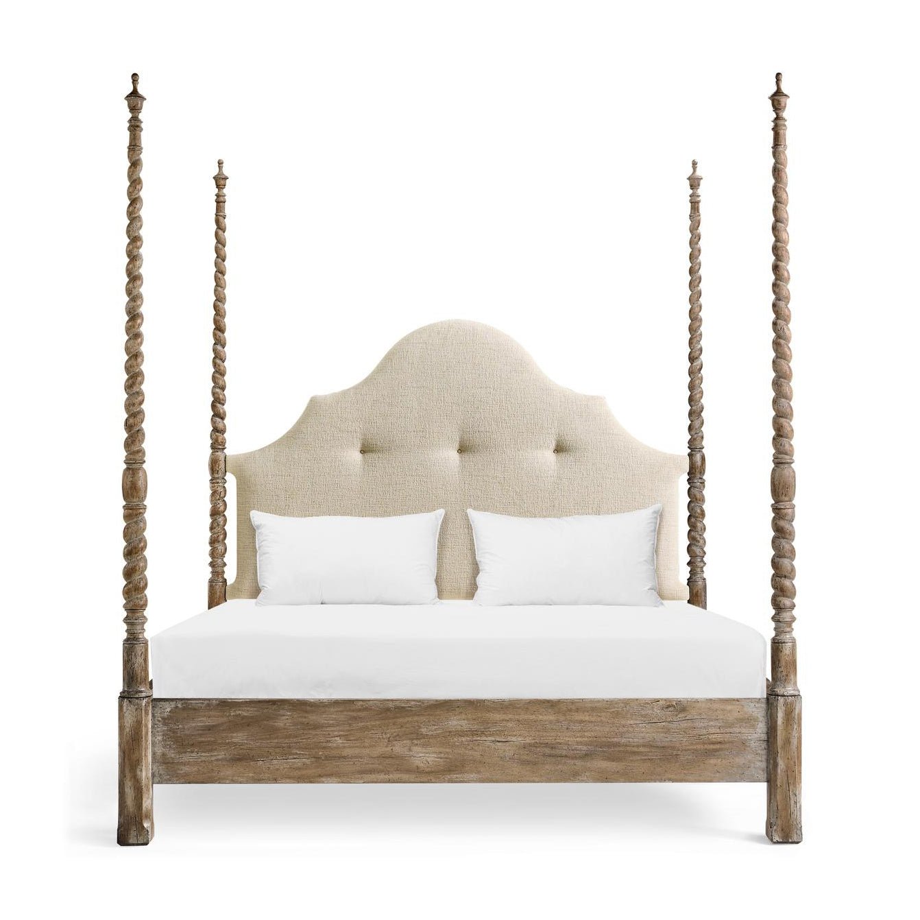Front view of rustic four-poster bed, detailed headboard.