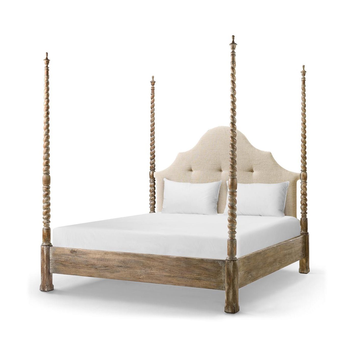 Rustic four-poster bed, angled view, textured headboard.